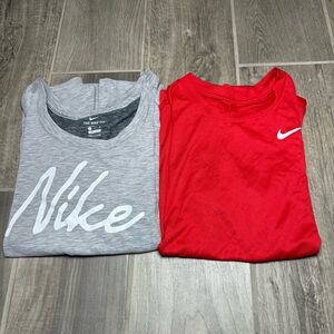 Nike Tshirts Women’s Medium Gray Script and Red Swoosh Athletic Workout